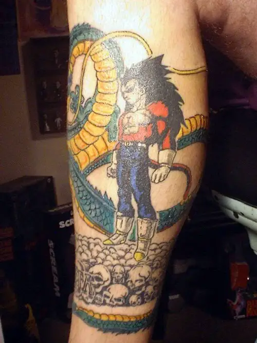 Vegeta tattoo on the calf.