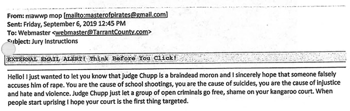 judge chupp threat email tarrant county